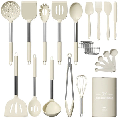 Silicone Cooking Utensil Set, 30 Pcs Kitchen Utensils Set with Stainless Steel Handle, Food Grade Silicone Spatula Set, Bpa-Free, Non-Stick Heat Resistant Silicone Cookware, White