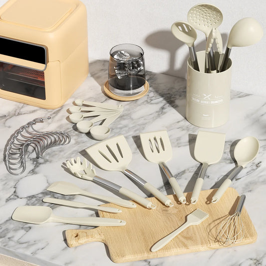 Silicone Cooking Utensil Set, 30 Pcs Kitchen Utensils Set with Stainless Steel Handle, Food Grade Silicone Spatula Set, Bpa-Free, Non-Stick Heat Resistant Silicone Cookware, White